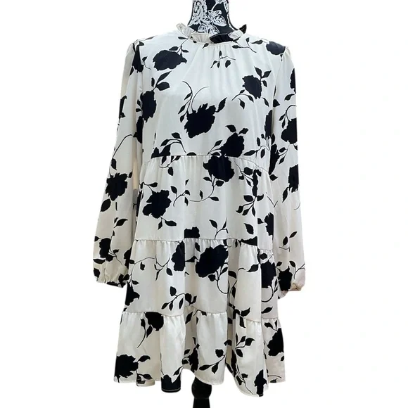 Floral Print Long Sleeve Mini Dress - Black on Cream - Picture 2 of 5